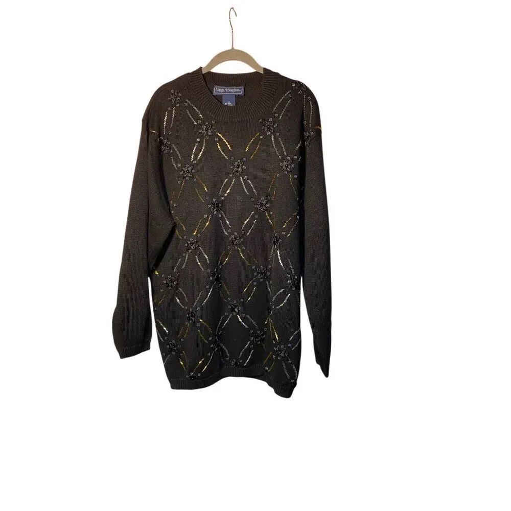 Maggie Mcnaughton vintage, women’s beaded floral sequence sweater, black size 1X